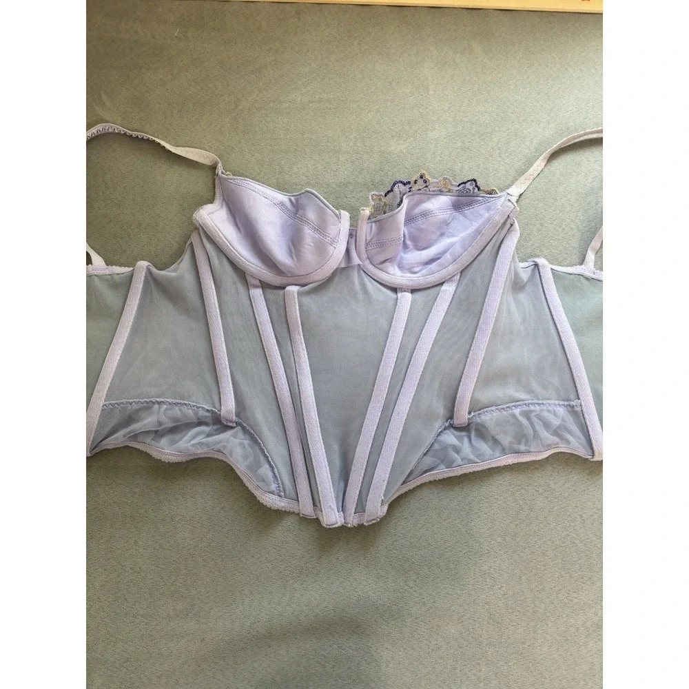Y2K Lavender Lace Fairy Basque Waist Bustier Corset Sz 34B Sheer Mesh Romantic‎